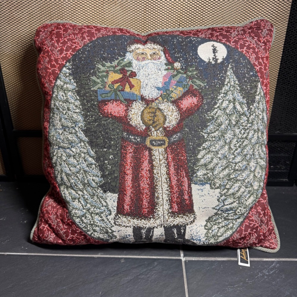 Fashion Woven Tapestry Christmas Santa Claus Throw Pillow Red Green Snowy Forest